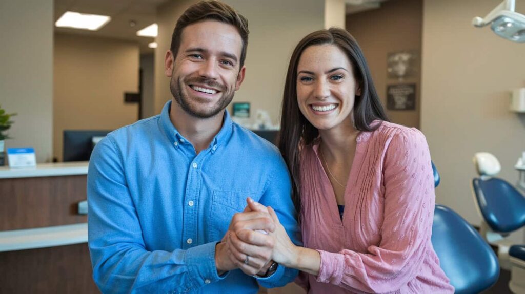 A young couple Smiling inside a dental office| Longo Dentistry | London ON